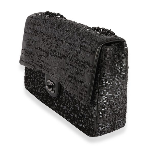 Chanel Black Sequin Lambskin Moonlight On Water Jumbo Single Flap Bag - Picture 2 of 7